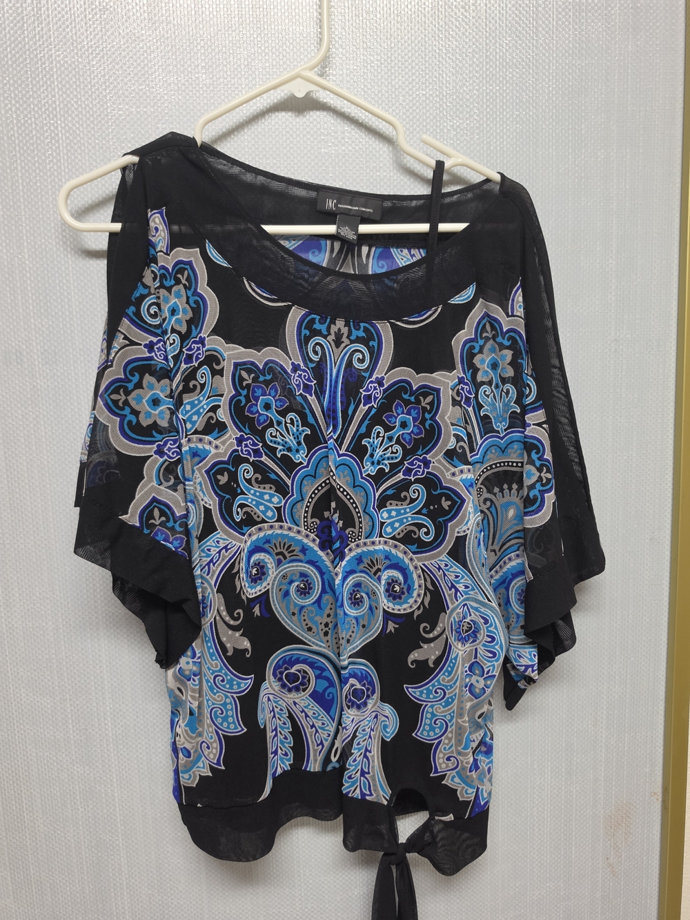 INC International Concepts Black & Blue Paisley Overlay Top